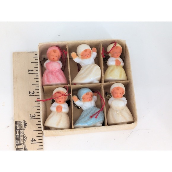 6 VTG Plastic Sugar Angels Christmas Ornament Metal Wings West Germany With Box - Picture 9 of 9